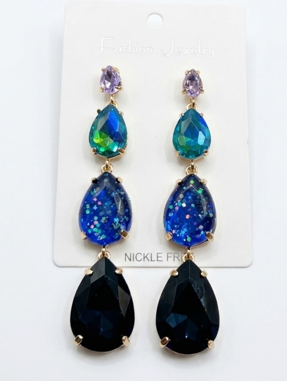 Large Mermaid Purple, Teal, Blue & BlackTeardrop Dangle Earrings NWT
